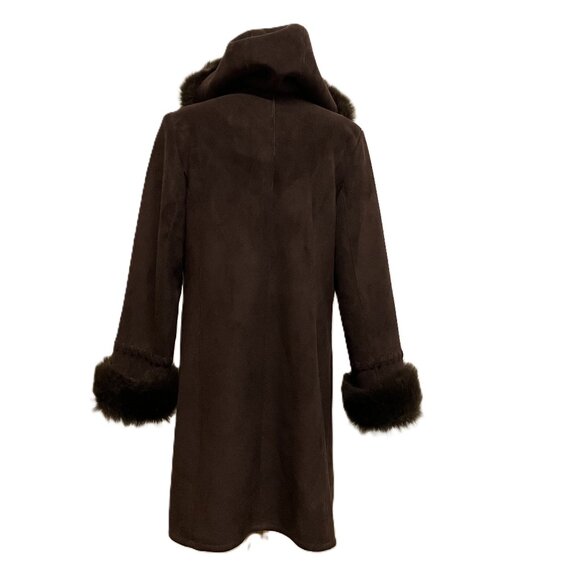 Simon Chang Hooded Winter Coat Brown Faux Suede & Faux Fur Shearling Lining Y2K - Picture 6 of 10